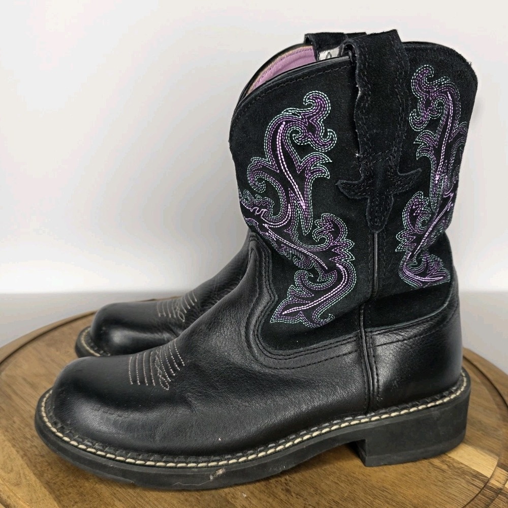 Ariat FatBaby 2 Purple Embroider Black Boots Western Cowboy Ranch Size 7.5B